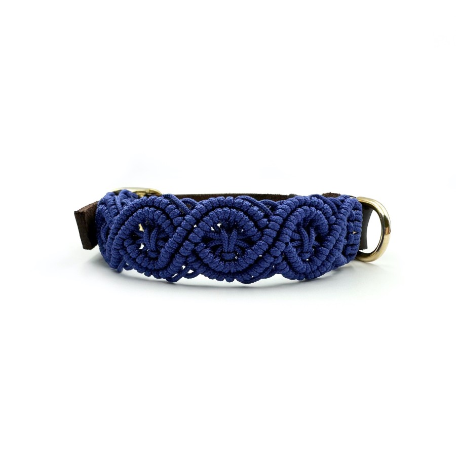 Makramee Hundehalsband „Indigo“ – handgemacht aus Paracord & Fettleder