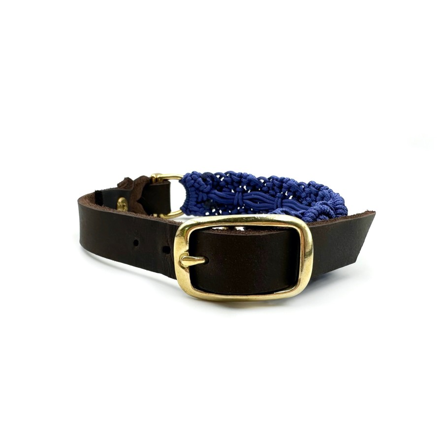 Makramee Hundehalsband „Indigo“ – handgemacht aus Paracord & Fettleder