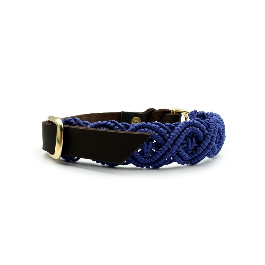 Makramee Hundehalsband „Indigo“ – handgemacht aus Paracord & Fettleder