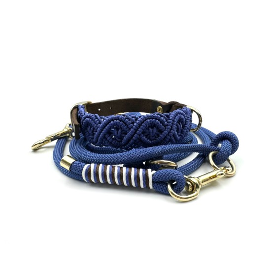 Makramee Hundehalsband „Indigo“ – handgemacht aus Paracord & Fettleder