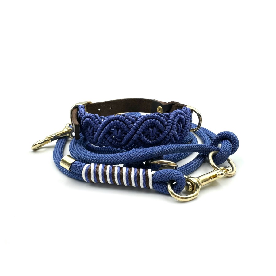 Makramee Hundehalsband „Indigo“ – handgemacht aus Paracord & Fettleder