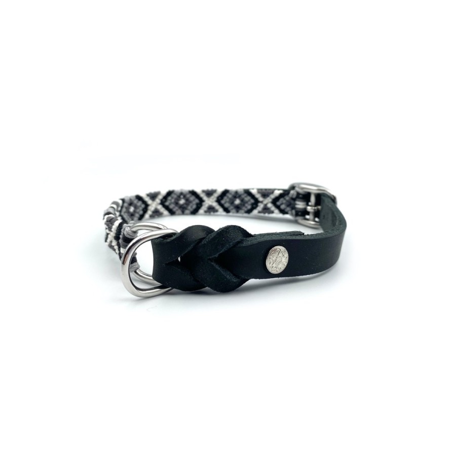 Freundschafts-Halsband „Tao“ – Schwarz-Grau mit Fettleder & Silberbeschlägen
